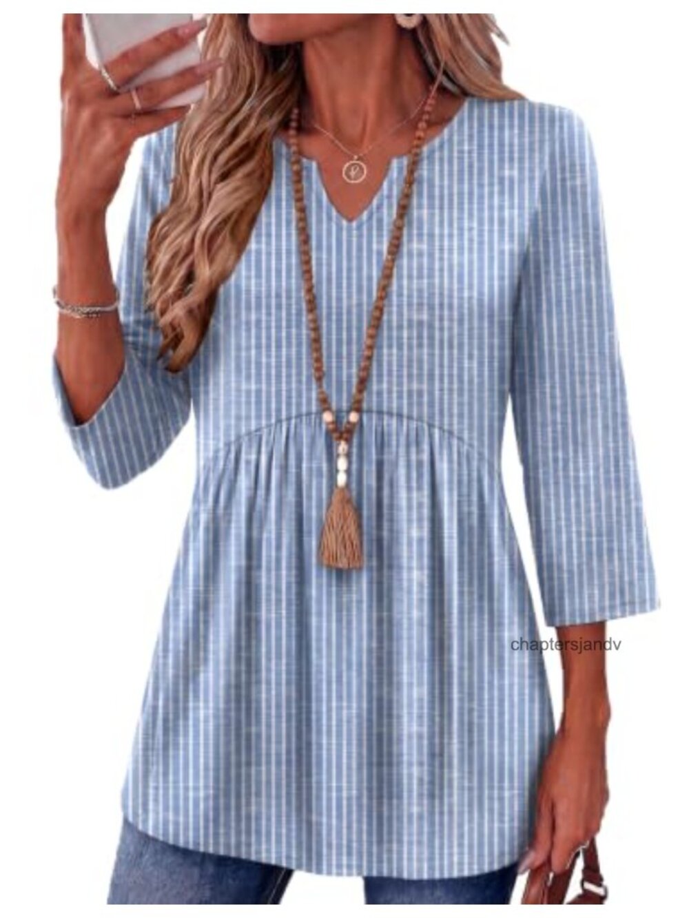 Womens 3/4 Sleeve V-Neck Tunic Top with Ruched Waist Flowy Casual Blouse
